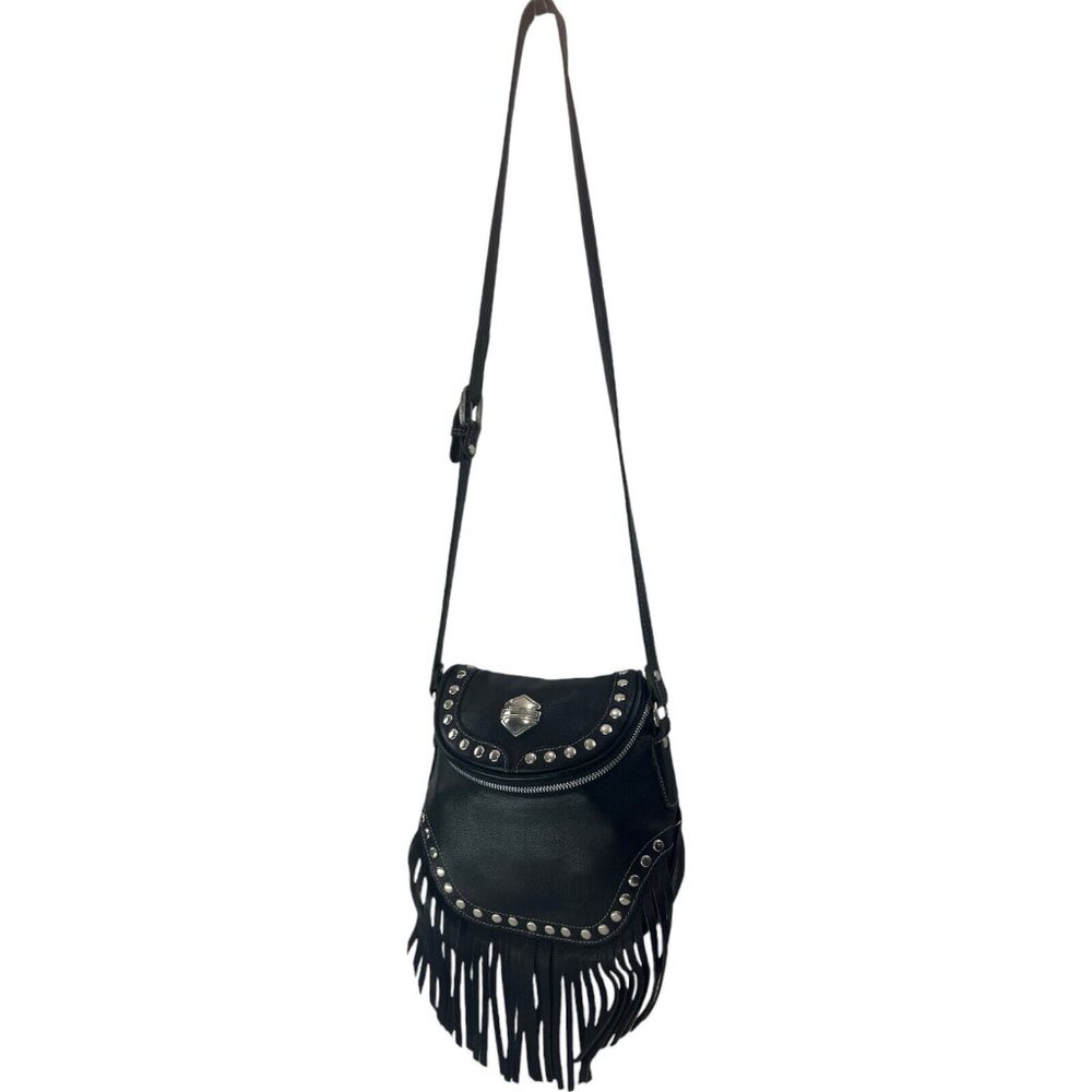 Harley-Davidson Embossed Logo Studded Fringe Leather Crossbody Vtg Handbag